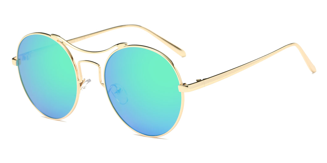 Women Metal Retro Circle Round Brow-Bar Mirrored UV Protection Fashion Sunglasses